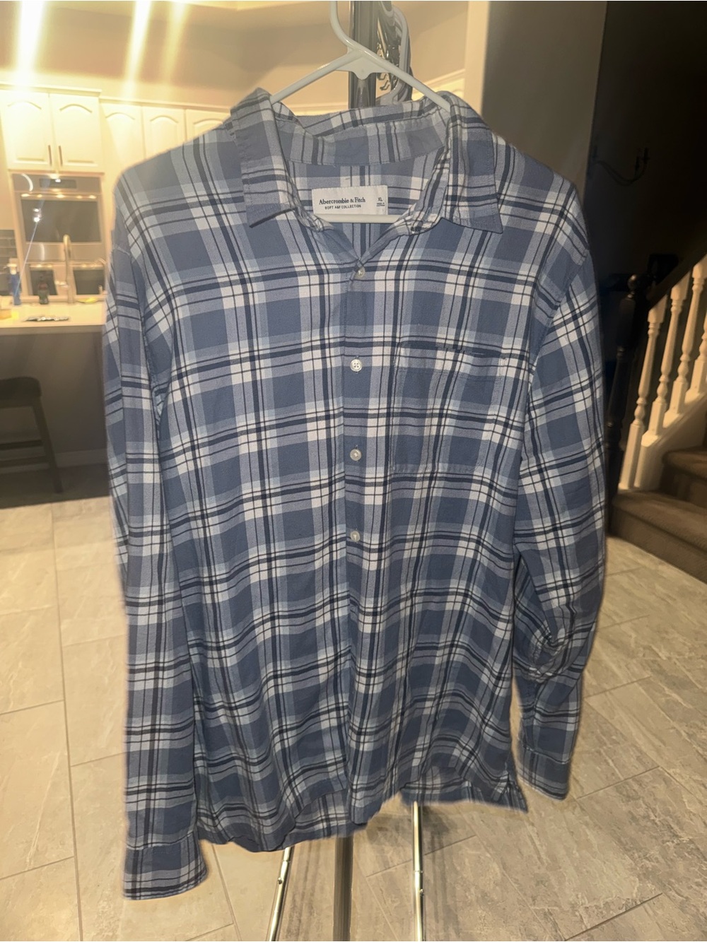 Abercrombie & Fitch Men's Blue and White Plaid Button-Down Shirt
